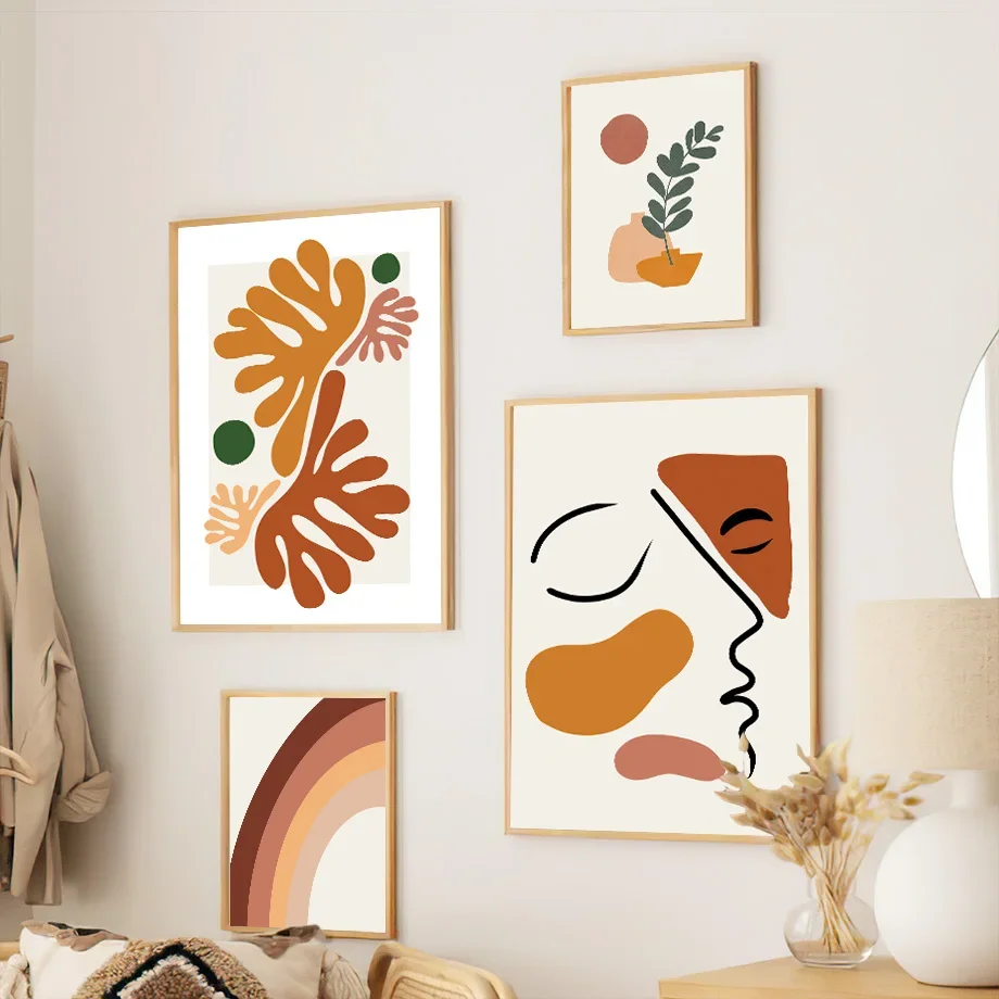 بوهو مجردة خط الهندسة المرأة وجه أوراق النبات حمامة الفن يطبع ، قماش اللوحة الملصقات ، جدار صور ، غرفة المعيشة ، المنزل د