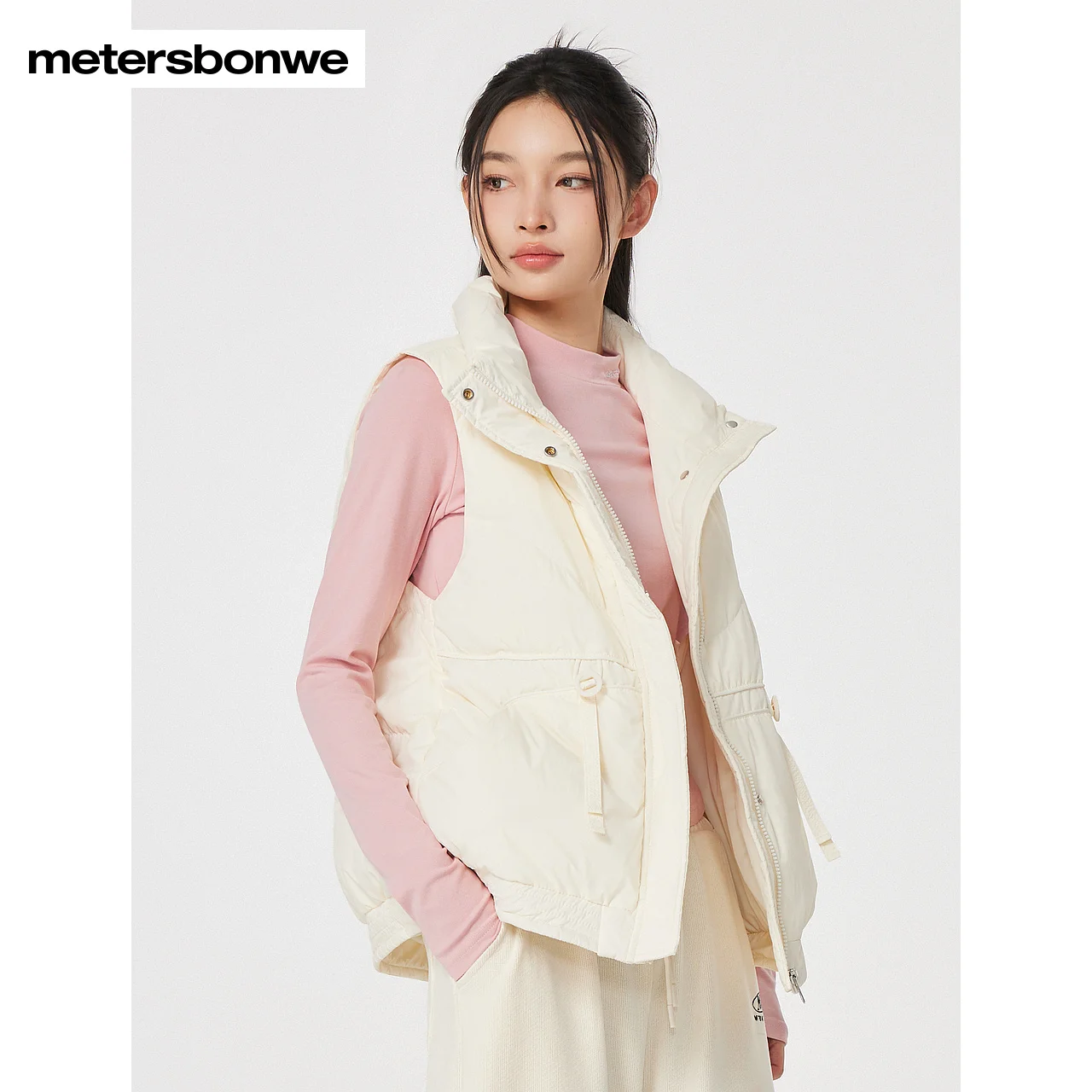 Metersbonwe-Women\'s Sleeveless Jacket Puffer Stand Collar Regular Fit Elegant Down Vest Stylish Casual Winter