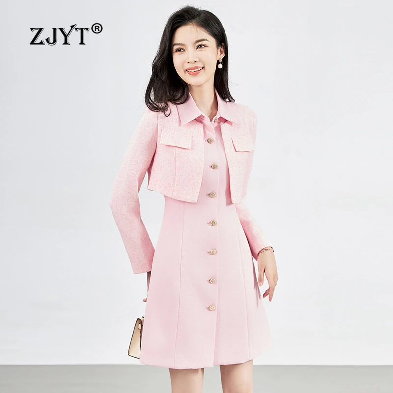 ZJYT Autumn New 2024 Elegant Dresses for Women Designer Full Sleeve Short Jacket Top+Sleeveless Dress 2 Piece Suit Pink Vestidos