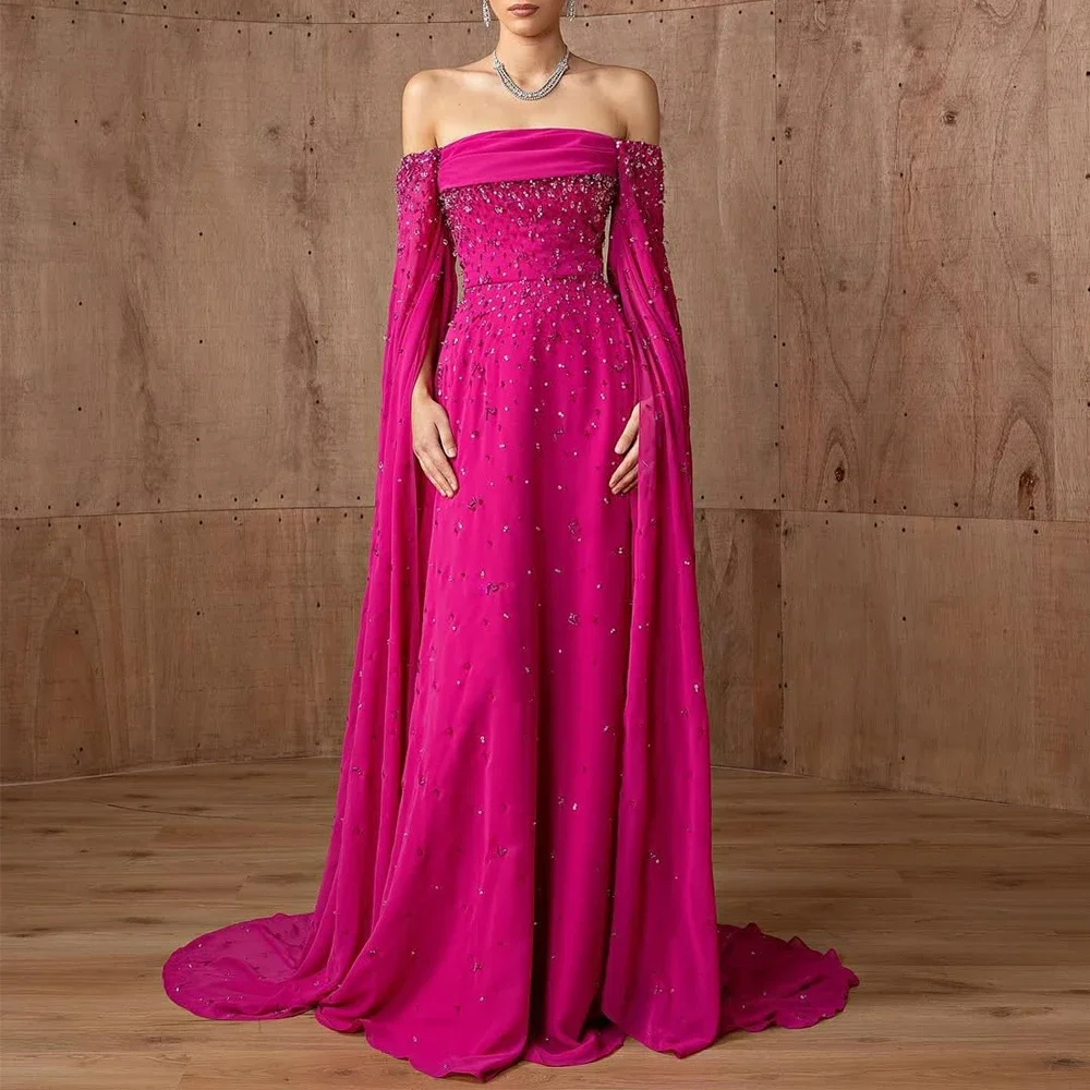 

Luxury Pink Beading Evening Dress Boat Neck Floor Length Long Sleeve Classic A-Line Chiffon Women Wedding Party Custom Gowns