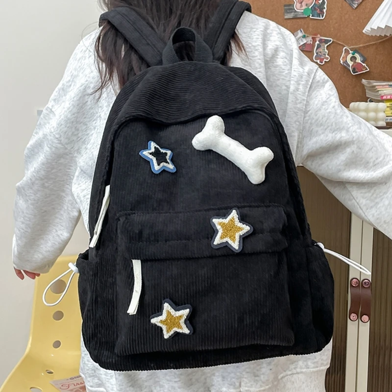 Y2K Girls  Corduroy Aesthetic Backpack with Star Bone Pattern Teens Student Large Capacity School Bookbag Travel Laptop Rucksack