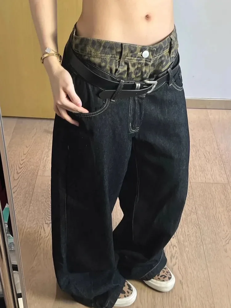 ADAgirl Leopard Fake Two Piece Denim Pants Women Y2k Vintage Baggy Jeans Korean High Waist Loose Straight Hip Hop Casual Trouser