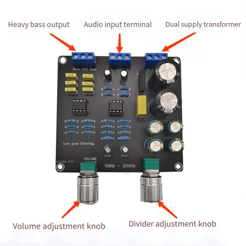 59Hz-234Hz Low-Pass Filter Super Bass Crossover Board AC9V-12V Dual NE5532 Crossover Point Continuously Adjustable