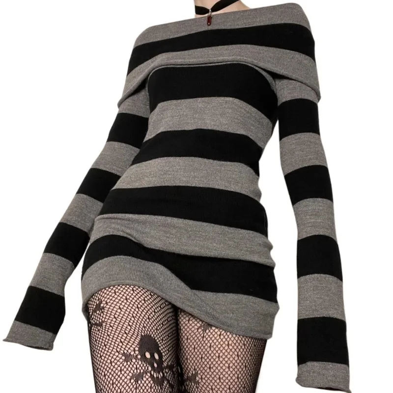 Y2K New Striped Sweater Women Off-Shoulder Slim Fit Long Knitted Sweater Mini Dress, Sweater Dress,Party Club Outfits