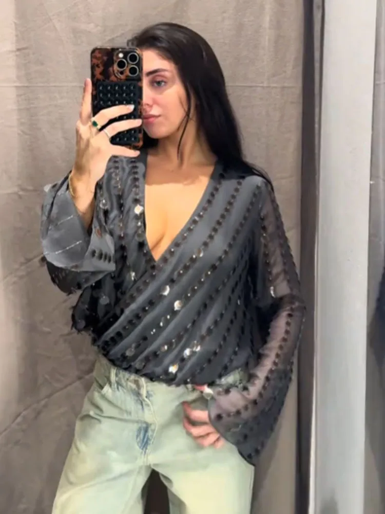 

HH Woman Spring Fashion Trend Long Sleeves V Collar Sequin Decoration Jumpsuit Female Chic Leisure Street Style Versatile Tops