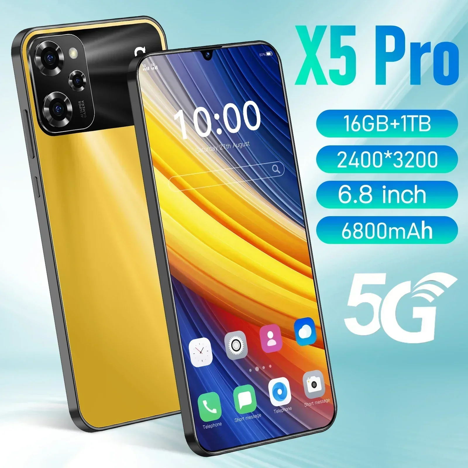 

Original Mobile Phones X5 Pro 7.0 HD Screen SmartPhone 16G+1T 5G Dual Sim Celulares Android Unlocked 108MP 6800mAh Cell Phone