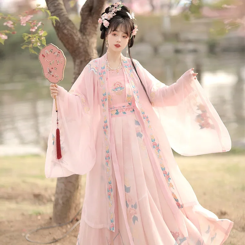 SY11 Hanfu المرأة النمط الصيني القديم زي الوردي كم كبير مطرز ملابس رقص الإناث