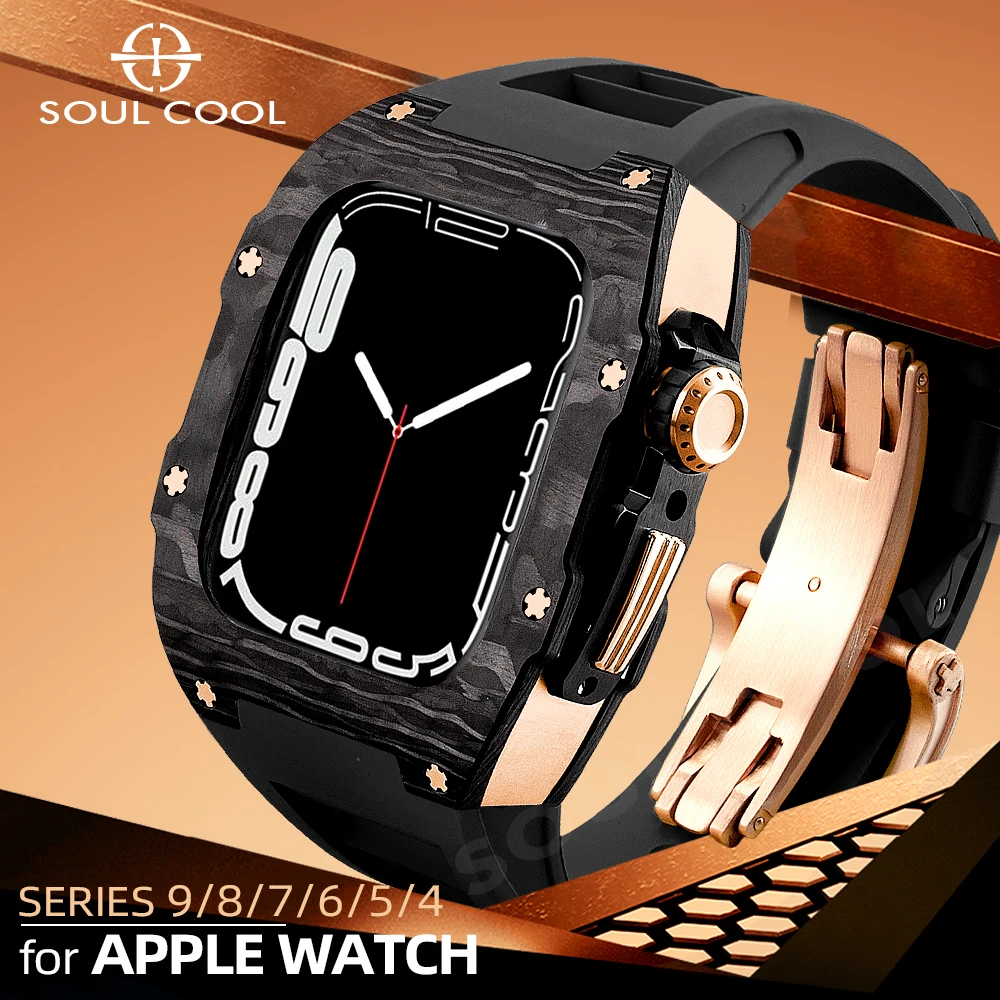 For Apple Watch 9 44mm 45mm Carbon Fiber Mod Kit Luxury Metal Modified Case Accessories For iWatch 8 7 6 SE Series