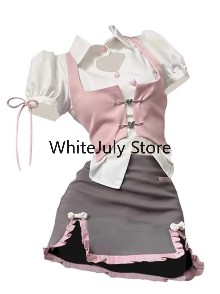 French Elegant Y2k Party Suits Style Female Puff Sleeve Blouse + Pink Vest + Mini Skirts 2023 Summer Korean Fashion Outfits