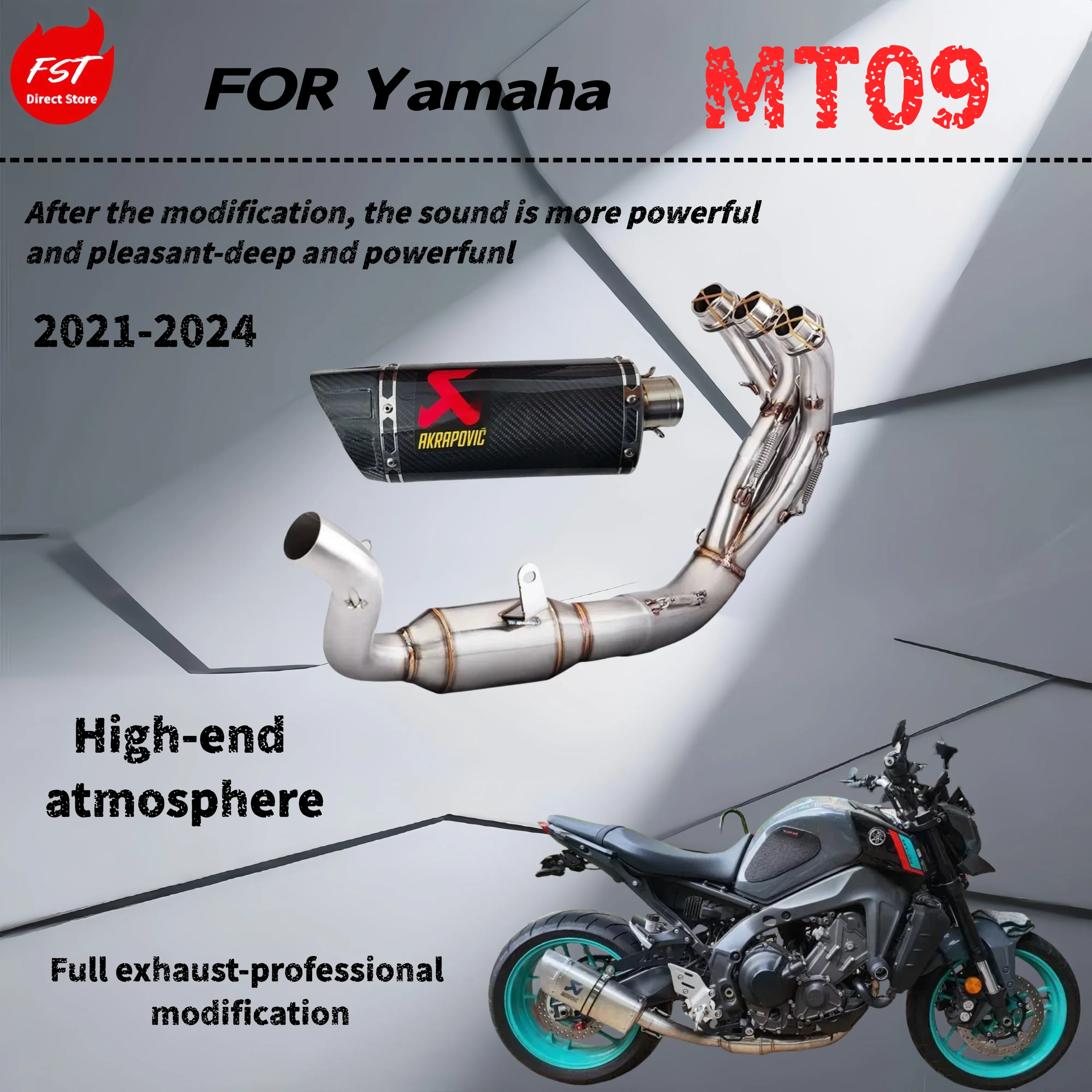 

For Yamaha MT09- Modified multi-stage exhaust pipe- The sound is deep, thick and powerful
