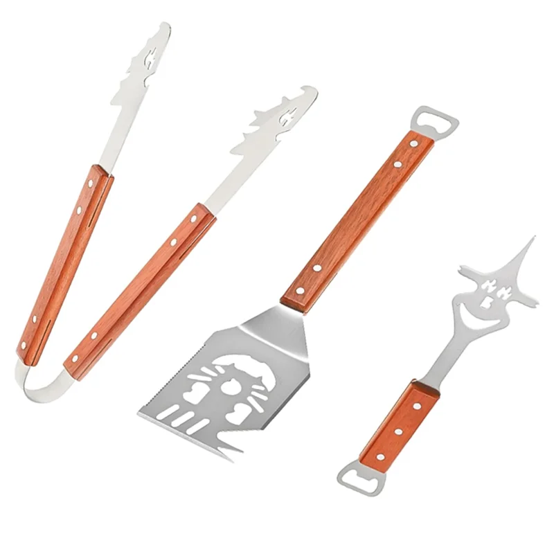 

AT29-3-PC Accessory Stainless Steel Grill Cutlery Kit With Wooden Handles–Includes Spatula, Tongs, And Meat Fork