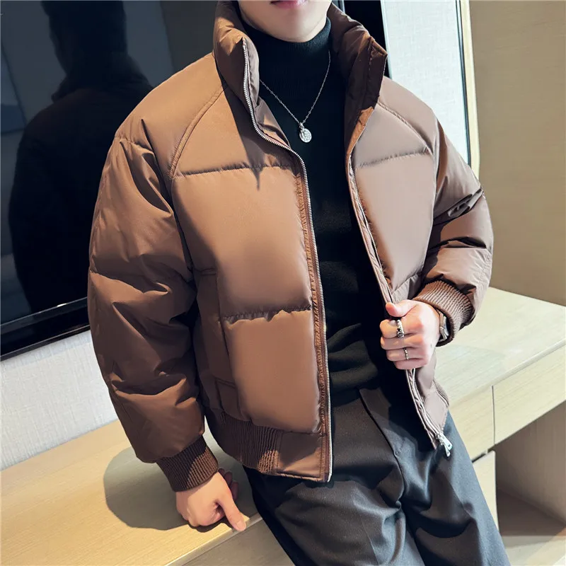 Men's Winter Jacket Stand Collar Long Sleeve Down Jacket Short Parka Feather Down Warm Snow Coat Men's Clothing Coffee Puffer