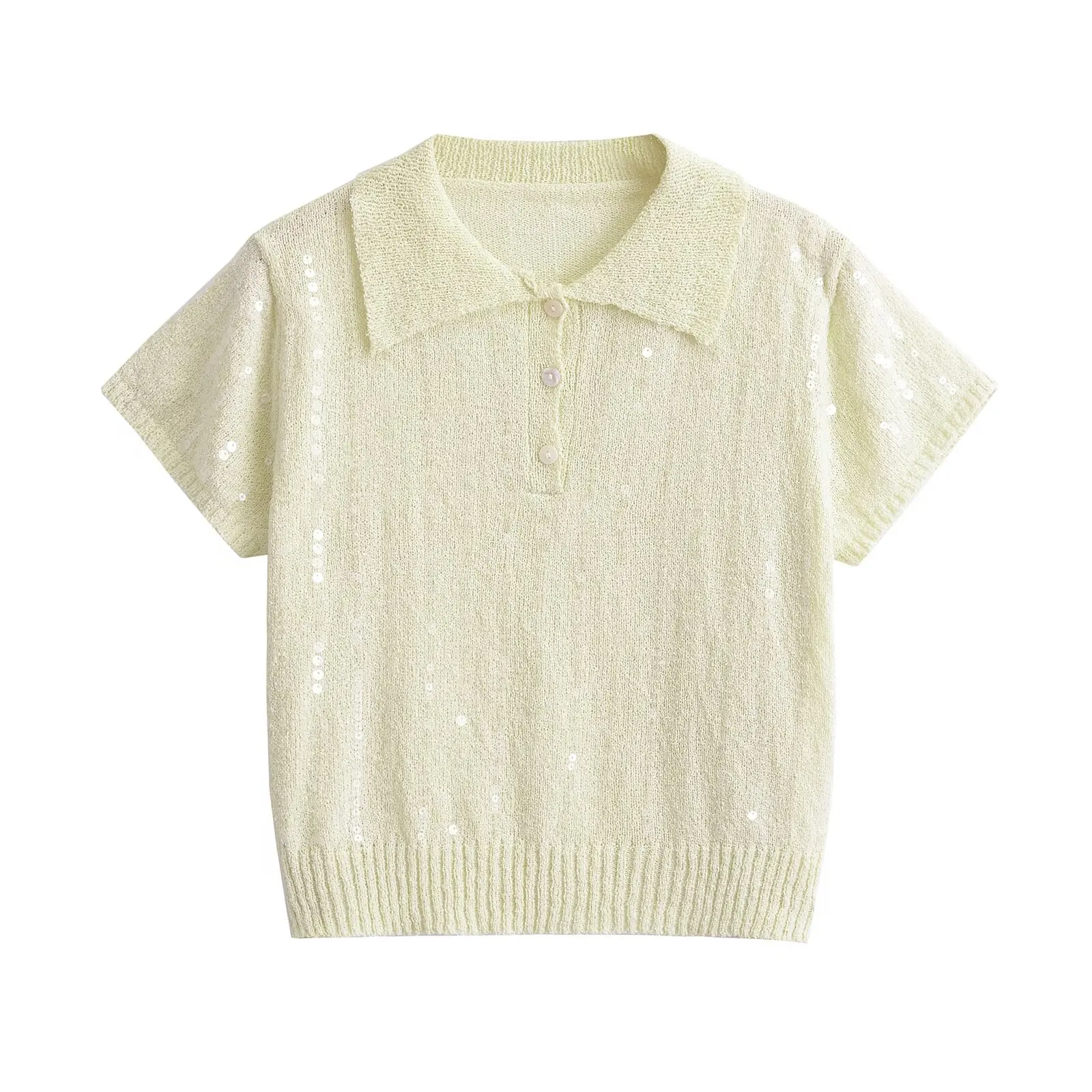 

French niche sequined Polo collar short-sleeved sweater for women summer 2024 new French high-end polo top