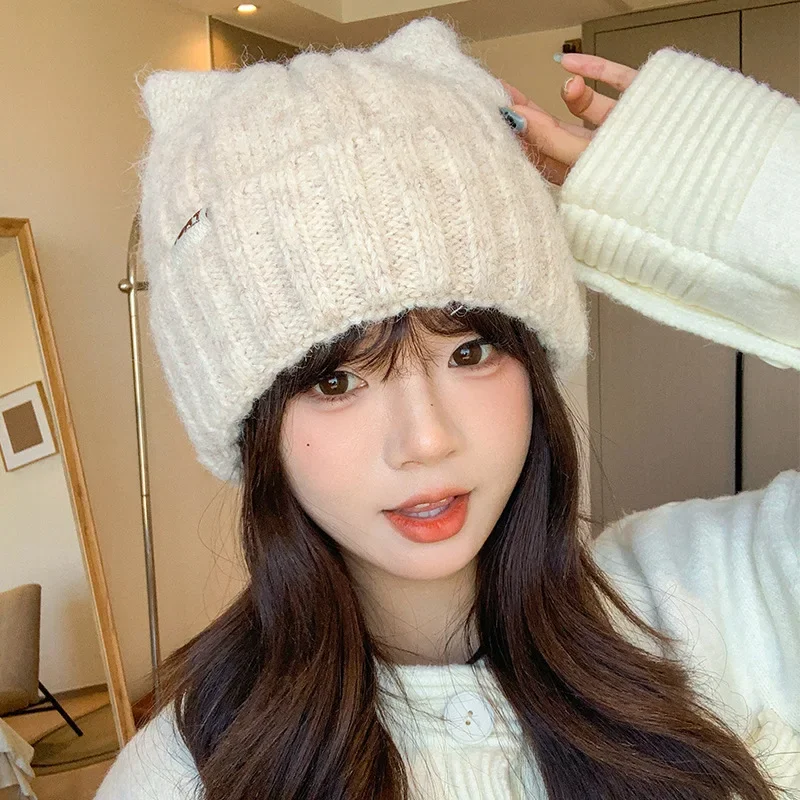 Japanese Kawaii Cute Cat Ears Winter Beanie Women Thick Warm Fluffy Knit Cap Korean Fashion Streetwear Casual Bonnet Skullies