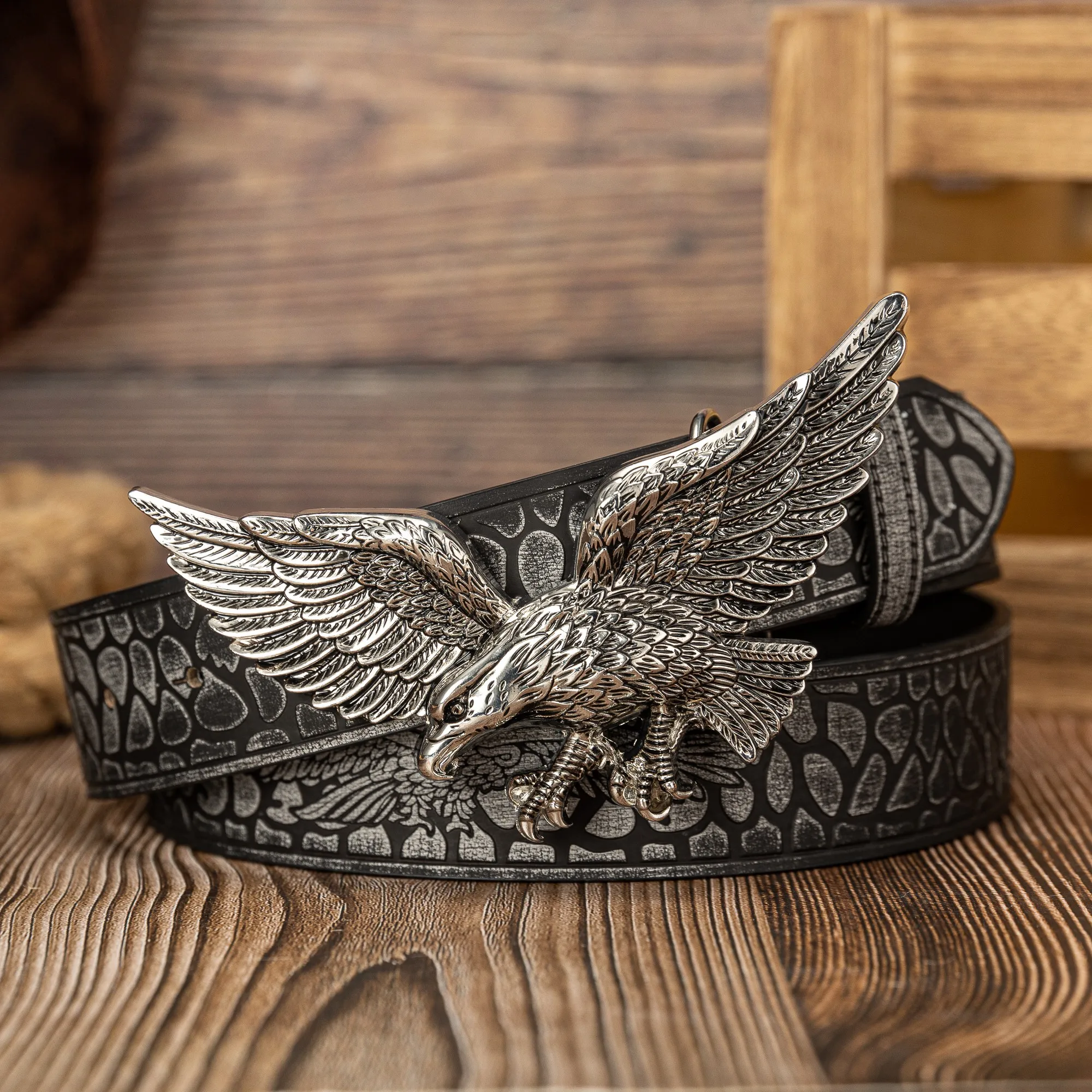 النسر القديم النسر الأسود شخصية لوحة كبيرة مشبك الاتجاه كل شيء نمط ذيل النسر بو النقش للقيام بحزام الزر القديم #4