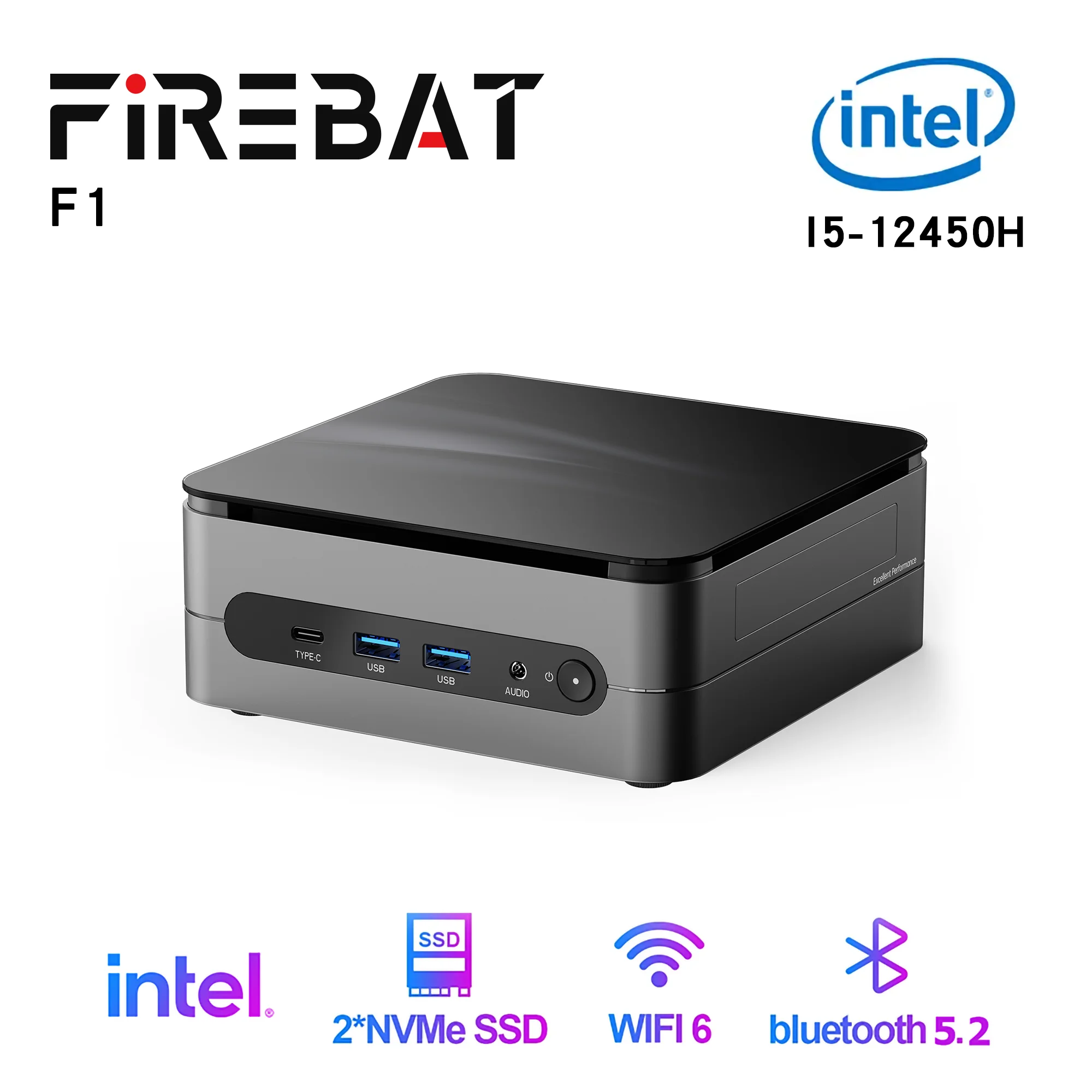 FIREBAT 미니 PC 데스크탑 컴퓨터, 미니 오피스 게이밍 HDMI, F1 인텔 I5-12450H CPU, DDR4, 16GB SSD, 512GB, WiFi6, BT5.2 