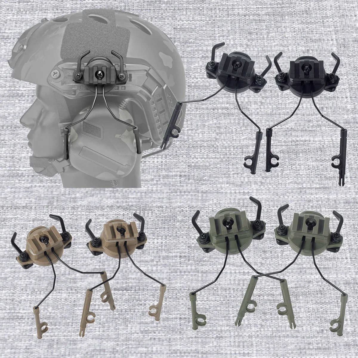 Suporte tático para fone de ouvido, adaptador de suspensão de trilho para capacete, montagens rápidas, rotação 360, airsoft, paintball, suporte para fone de ouvido