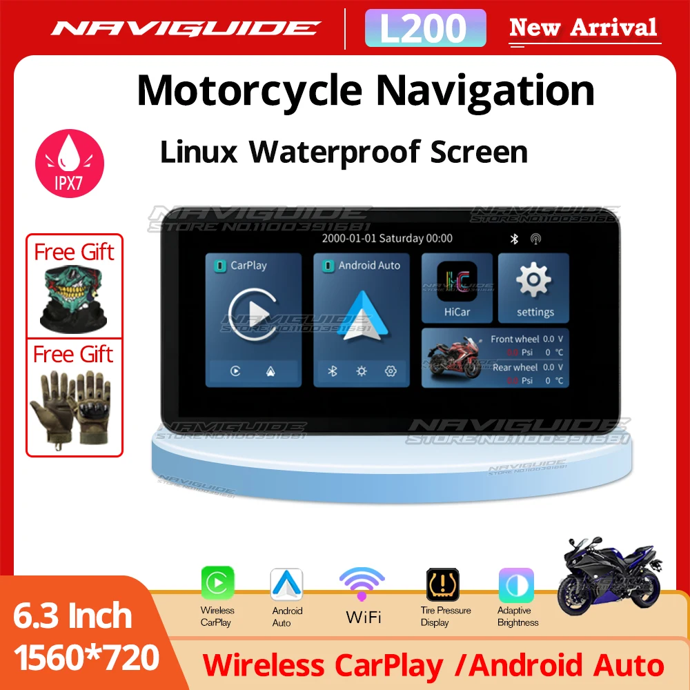 

NAVIGUIDE L200 6.3'' Linux System Wireless CarPlay GPS Navigation Motorcycle Android Auto Screen Portable Moto Monitor BT WiFi