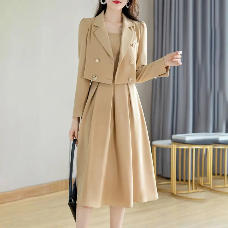 Women Work Clothing 2 Piece Dress Set 2022 Spring Autumn Korean Office Lady Graceful Blazer Tank Dress Outfit Short Suit Jacket