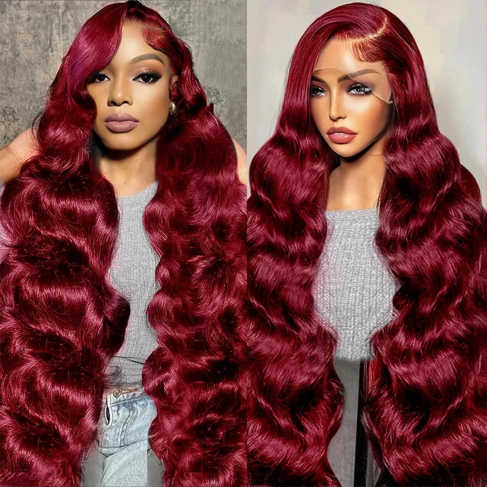 36 Inch Burgundy 99J Body Wave Wig Human Hair Pre Plucked 13x4 13x6 HD Lace 200 Density Red Colored Frontal Curly Wigs For Women