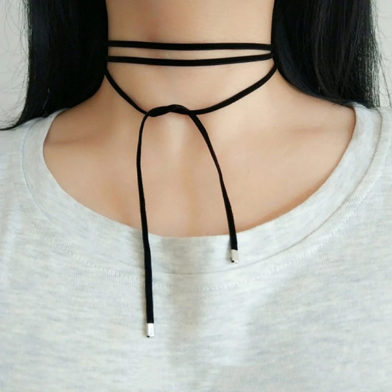 652F Sexy Lace-up Black Velvets Necklace Long Choker Gothic Bowknot Tie-up Collar Adjustable Chain for Women Teen Girls Y2K