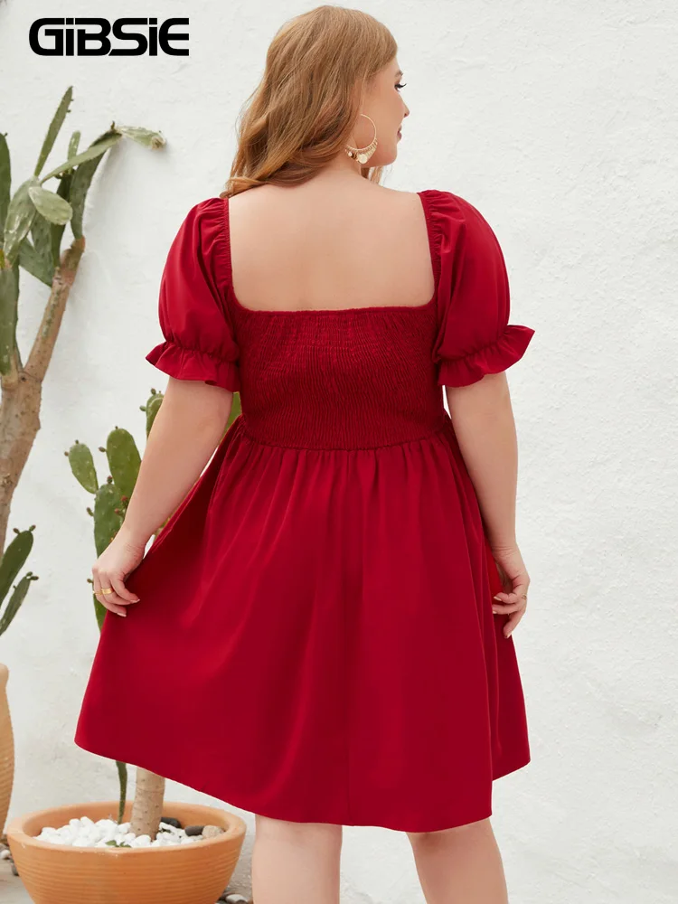 GIBSIE Plus Size Praça Pescoço Shirred Puff Vestido de Manga Mulheres 2023 Verão Cintura Alta Doce Férias Casuais A linha Vestidos Curtos