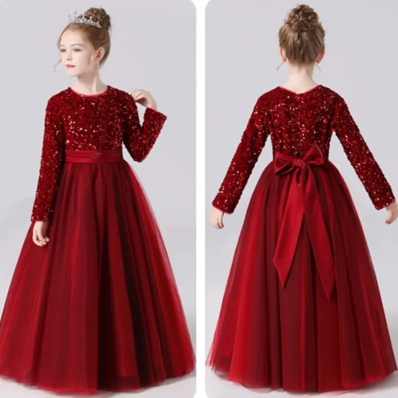 Baby Girl Princess Christmas Sequin Dresses Long Sleeve Infant Toddler Child Bow Mesh Vintage Winter Party Evening Gown 2-14Y