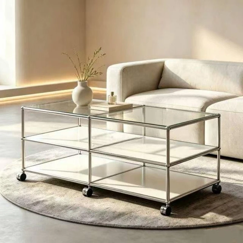 Modular combination cabinet, living room tempered glass coffee table stainless steel with drawers low