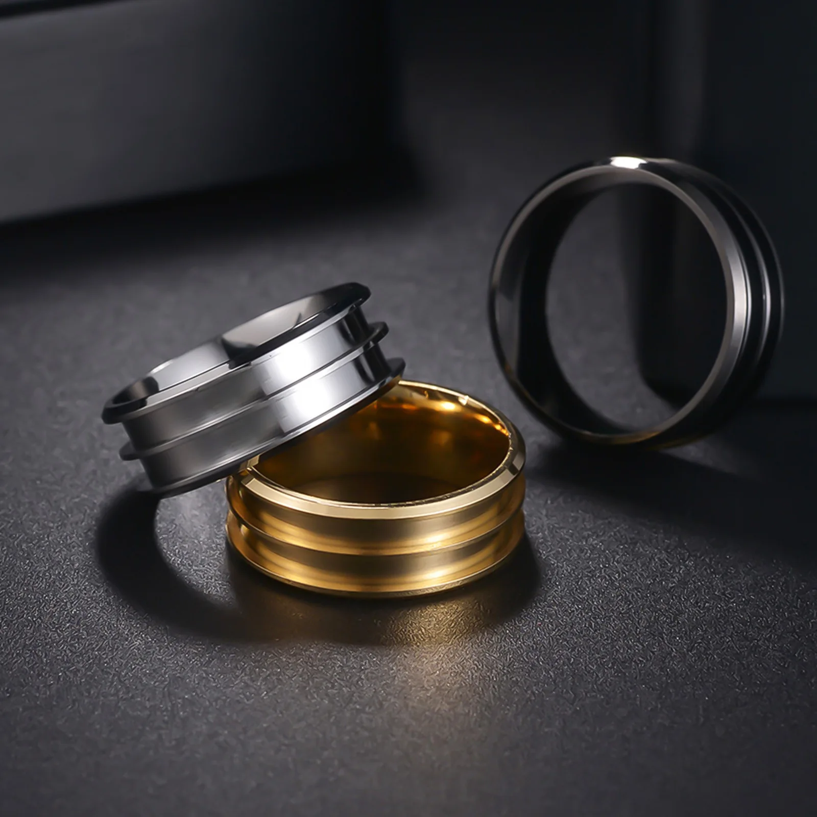 8MM Fashion Large Groove Men Stainless Steel Rings Polished Edge Simple Steel Rings Women Wedding Band Jewelry Men's Ring Gift