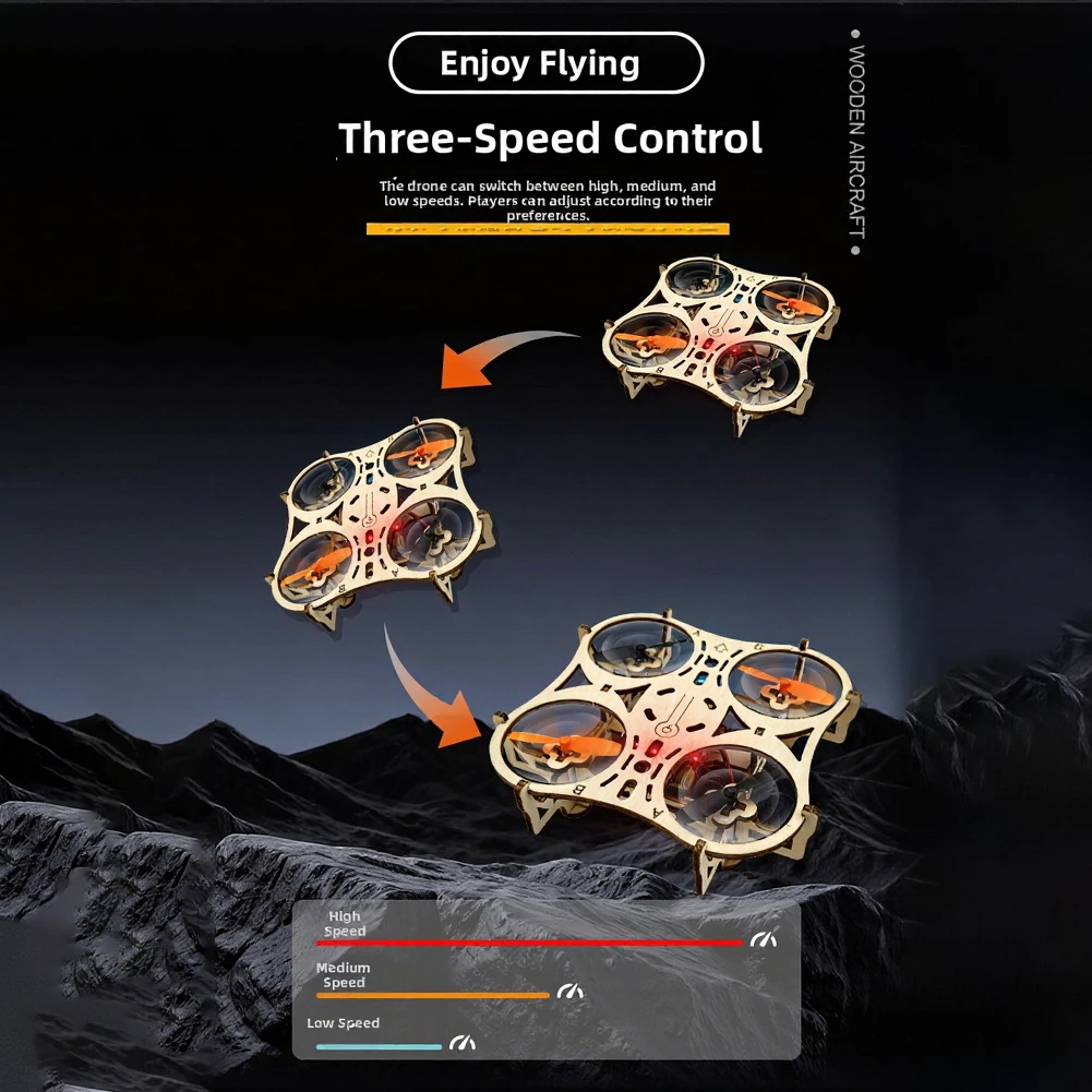 Wooden Quadcopter Kit Designed for Assembly with LED Light Features Hover Mode and 360 Degree Aerial Rotation Capabilities