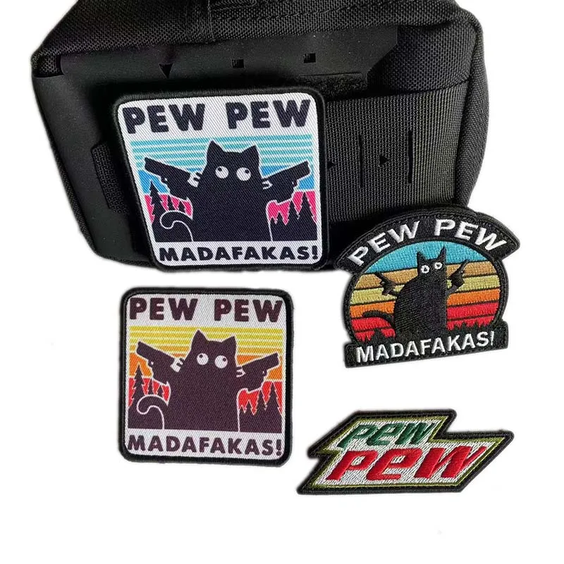 

PEW PEW Madafakas Funny Cat with Gun Badges Fabric Applique Embroidery Clothes Stickers,Military Tactical Patches Hook Loop