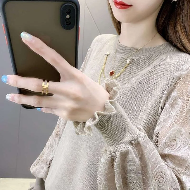 

Spring New Women's round Ne Pullover Sweater Knitted Loose Fit Long Sve Ultra Thin Color Commute Sle Faionable