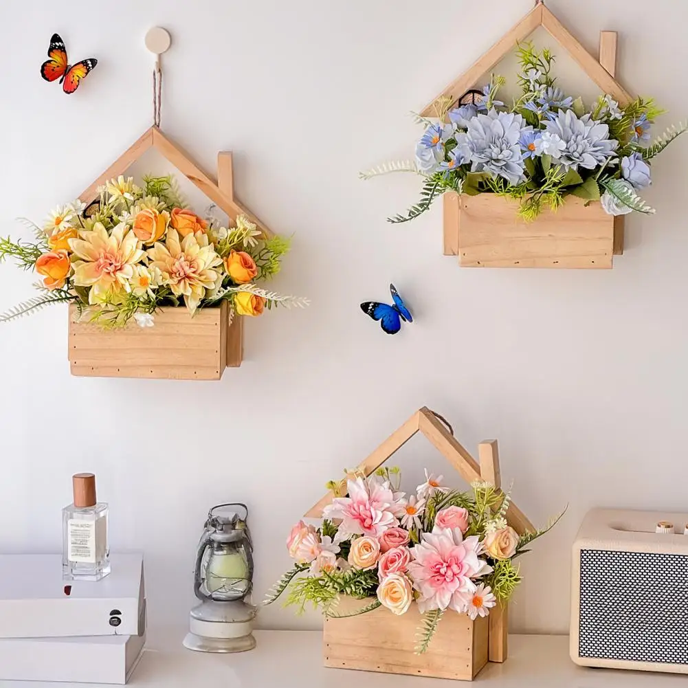 Wood Wall Planter LED Lighted Rustic Farmhouse Wall Decor, Hanging Fake Plants Flowers Holder Vase for Bedroom Home Decor