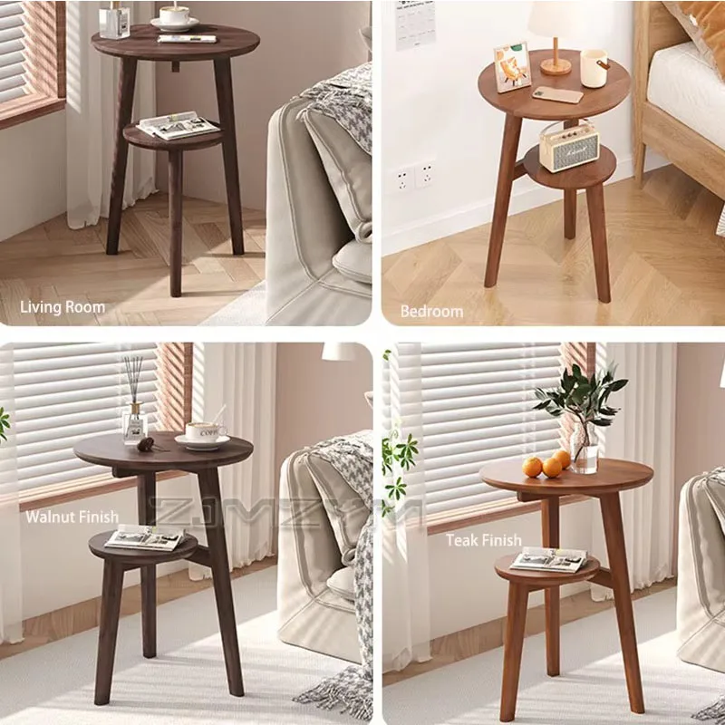 Double Tier Round Wooden Side Table Triangular Stable Leg End Table Nightstand for Living Room Bedroom Sofa Side Walnut Teak