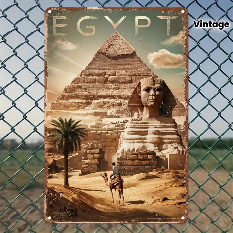 Vintage Metal Wall Sign Egyptian Pyramids Sphinx Design, 2D Flat Art Poster, Ideal Room Decor for Home, Bar, Cafe, Gym, Bathroom