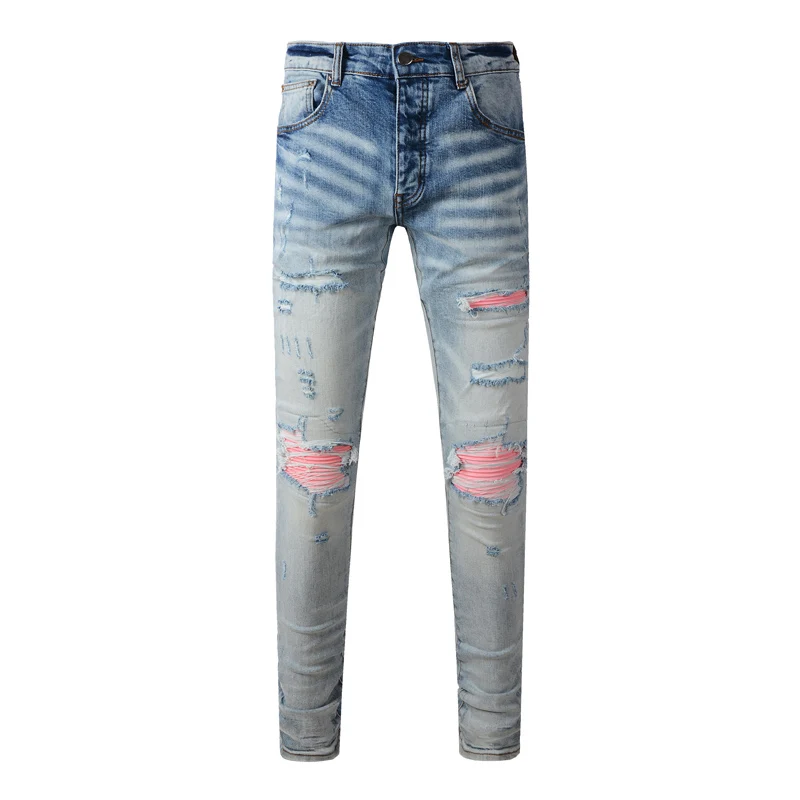

designerY2K fashion new stretch denim jeans slim fit perforated red patch washed nostalgic light blue jeans high street hombre