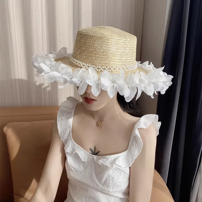 

Summer Lady's Straw Hat Cute Chiffon Pleated Lace Pearl Straw Panama Hat Photo Styling Bridal Top Hat Sunblock Sun Hat