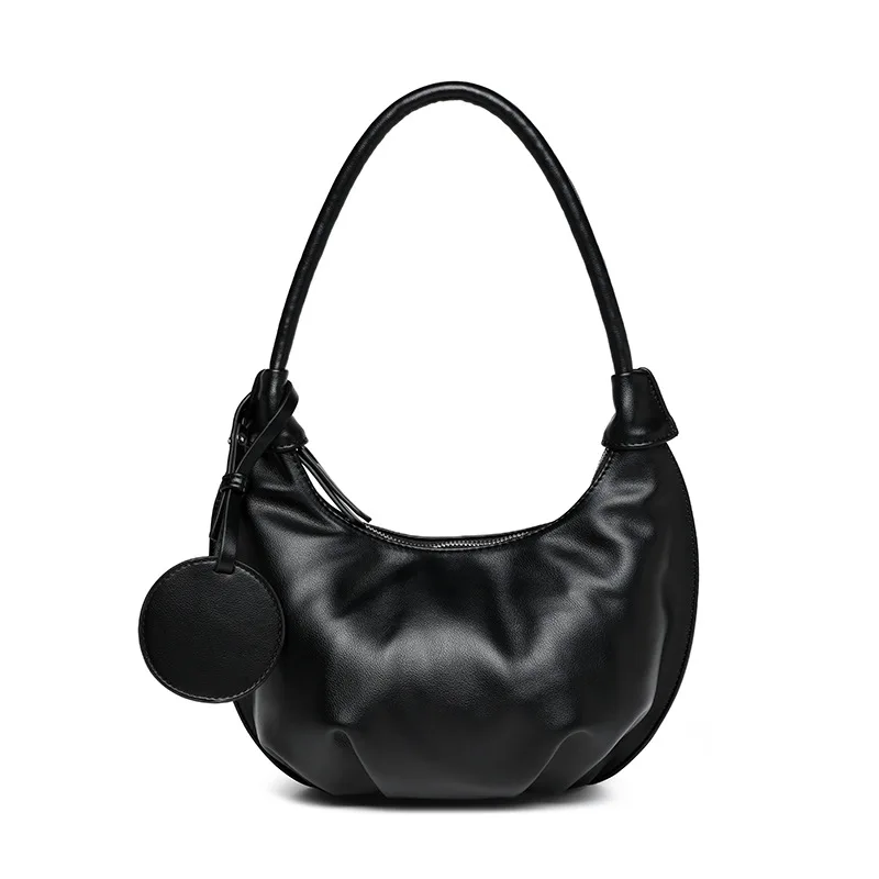 Elegant pleated PU leather shoulder bag, new versatile soft semi-circular top anti-velvet armpit bag, large capacity commuter ba