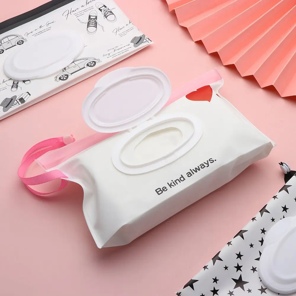 Cute Fashion Baby Product Flip Cover Portable Snap-Strap Cosmetic Pouch Tissue Box Stroller Accessories Wet Wipes Bag