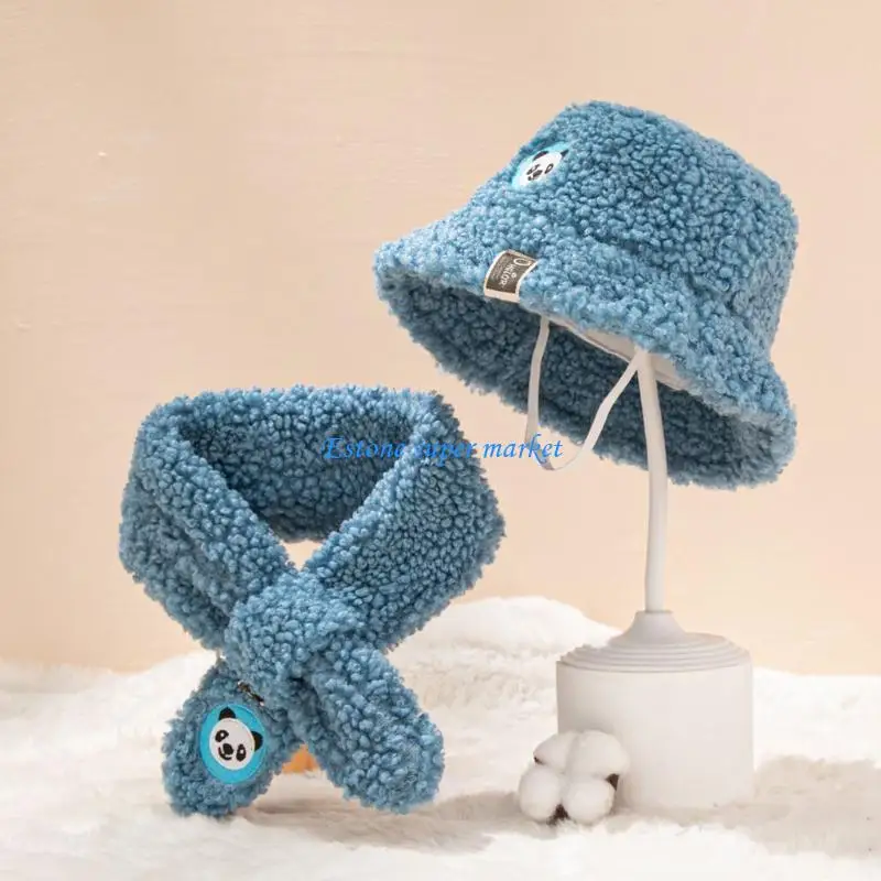 090B 2 Pcs Baby Hats Scarf Set Color Bucket Cap Autumn Winter Warm Kids