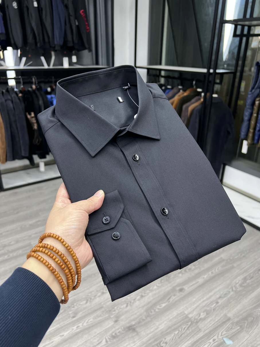 

New Men's Casual Business Shirt Pure Black Spring Fashion Commute Workwear Standard Fit Long Sleeve Polyester Blend Shirt
