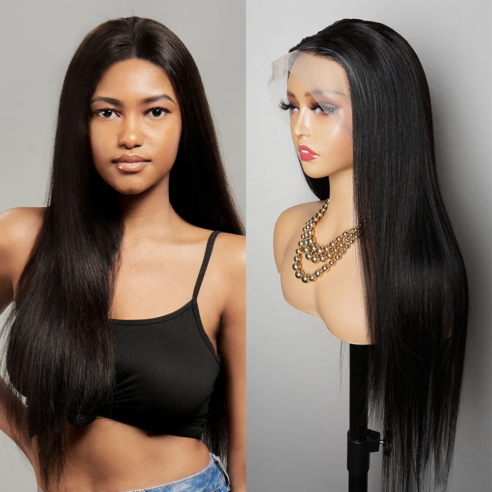 200% Density 13x4 Lace Frontal Wig Natural Color 34 Inch Bone Straight Lace Wigs Remy Brazilian Human Hair Wig for Women