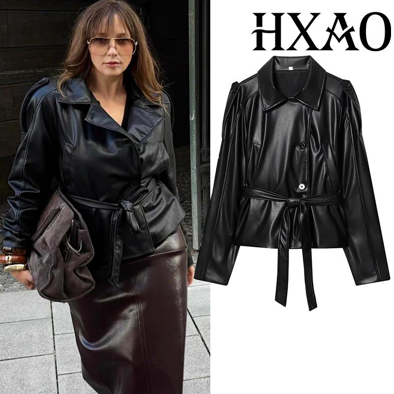 

HXAO Faux Leather Cropped Trench Coat Woman Jackets Fitted Belt Windbreak Black Jacket Long Sleeve New In Coats & Jackets
