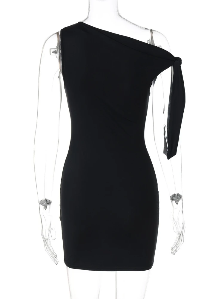 فستان أسود قصير بدون أكمام بكتف واحد بدون أكمام ملابس خروج نسائية صيفية بياقة قطرية غير منتظمة للحفلات والنوادي #6