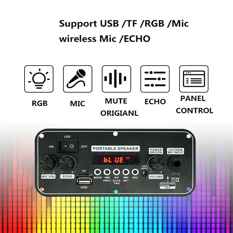 DC 5V Bluetooth 5.0 MP3 WAV APE Decoder Board 20W Amplifier Car Audio DIY Music Player FM Radio Module RGB TF AUX USB Mic Record