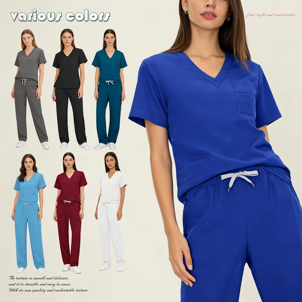 Unisex Medical Scrub Set Operating Room Surgical Uniform Dental Work Uniforms V-neck Short Sleeved Tops Pants Suit Wholesale