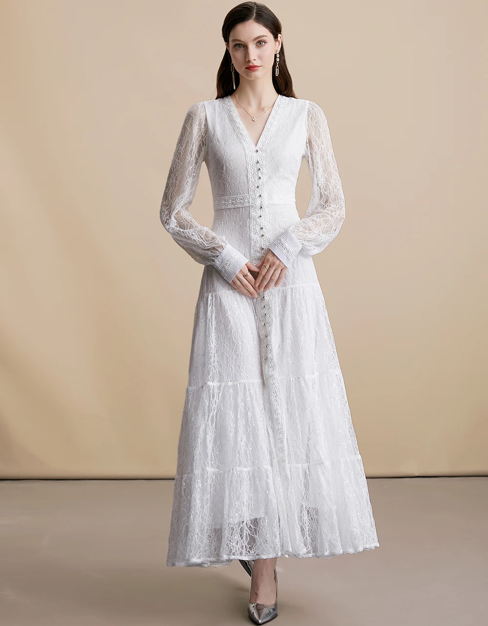 Vestidos largos elegantes de encaje para fiesta de graduación para mujer, vestido bordado de cintura alta con cuello en V y manga acampanada, moda femenina