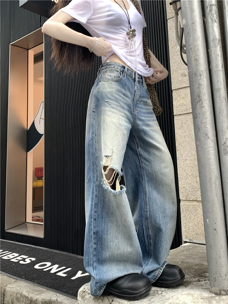 Benuynffy-pantalones vaqueros holgados de calle para mujer, Jeans rasgados lavados Retro americanos, pantalones de mezclilla de cintura alta, pantalones de pierna ancha, nueva moda, Y2k