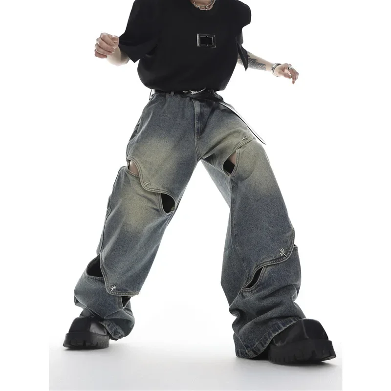 

LIBIELIY Japanese And Korean Style Summer Casual Wide-leg Jeans For Men. Fashionable Heavy-duty Hollow-out Straight-tube Pants.