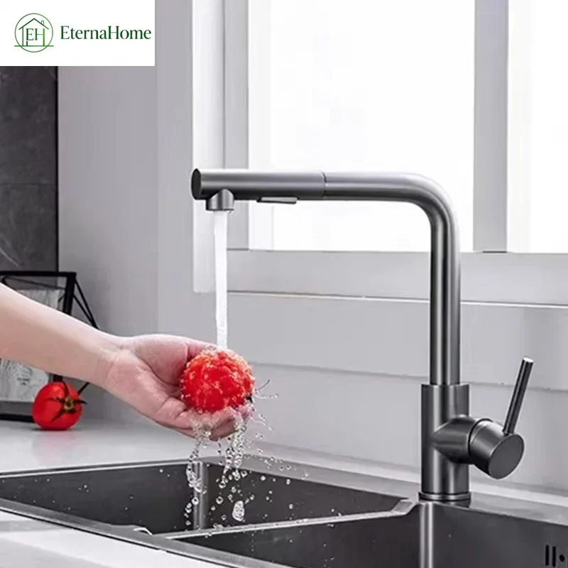 Kitchen Faucets Contemporary Design Black/Gray/Chrome Hot & Cold Water Washbasin Sink Pull-out Kitchen Accessories Copper Taps